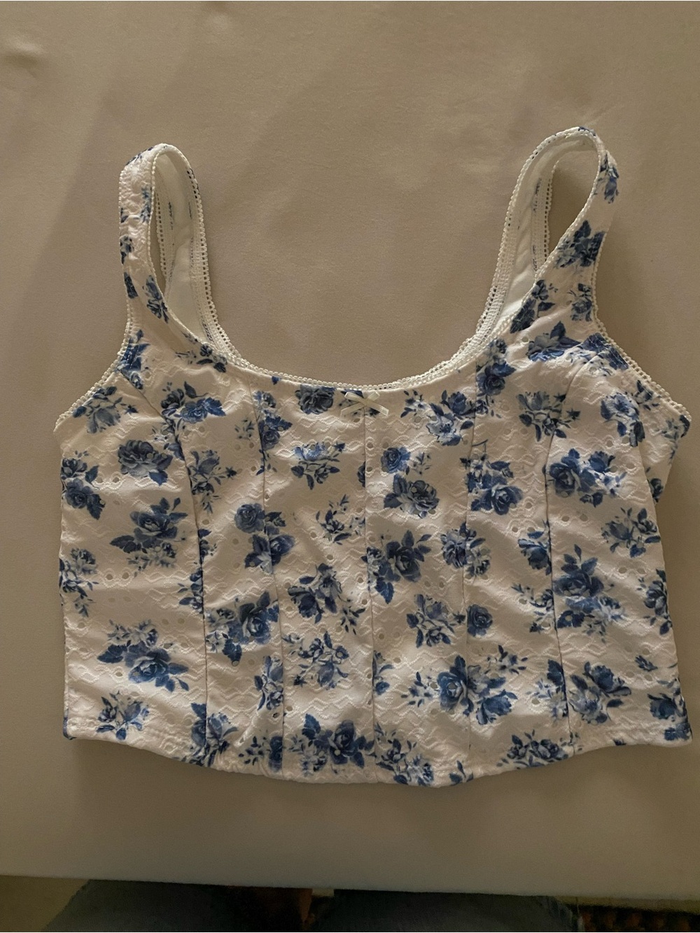 Shyanne Blue Floral Lace-Trim Cropped Tank